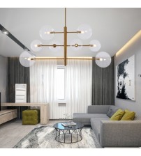  	Gold Glass Pellet Chandelier Northern Europe Post Modern Simple Living Room Restaurant Villa Clothing Store 8 lights
